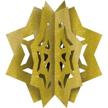 A golden 3D star-shaped paper decoration with cut-out patterns.