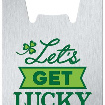 A white bag with green text saying 'Let's Get Lucky' and a shamrock.