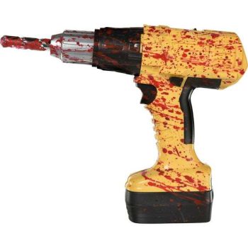 Cordless drill with a yellow and red speckled design.