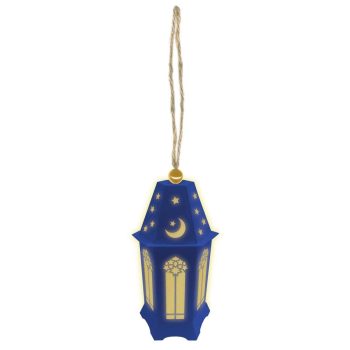 Blue lantern ornament with crescent moon and star cutouts.
