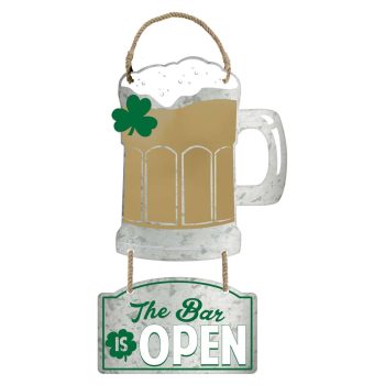 Illustration of a beer mug with a shamrock and a sign saying 'The Bar is Open.'