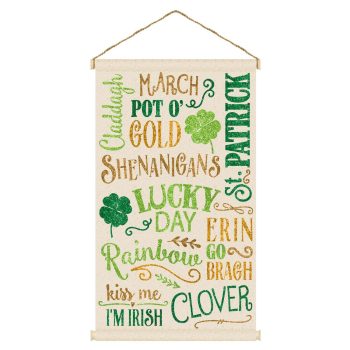A St. Patrick's Day-themed decorative hanging with festive phrases and green accents.