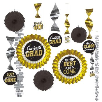 Black, gold, and silver graduation party decorations with congratulatory messages.