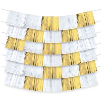 Stacked white and gold rectangular fringe garlands arranged in a layered pattern.