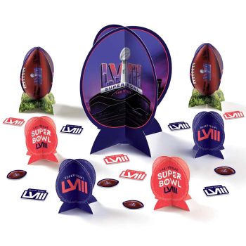 A collection of Super Bowl LVII hats, footballs, and stickers in team colors.