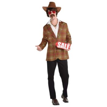Man in retro outfit holding a sale sign.
