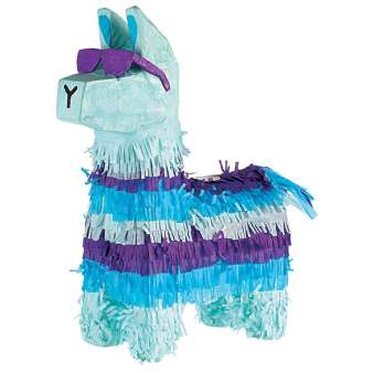 Colorful piñata shaped like a llama with blue, purple, and turquoise fringes.