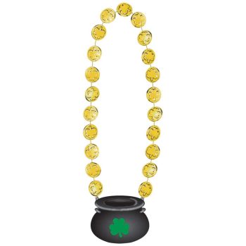 A Halloween-themed necklace with a pot of gold pendant and gold coin beads.