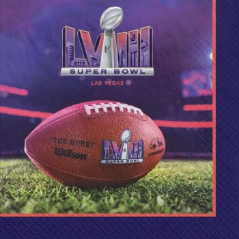 Official Super Bowl LIV football on the field with stadium lights.