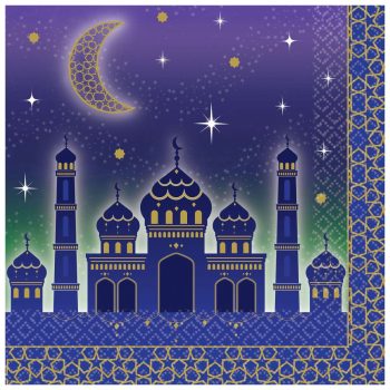 Elegant mosque silhouette with crescent moon and stars at night.