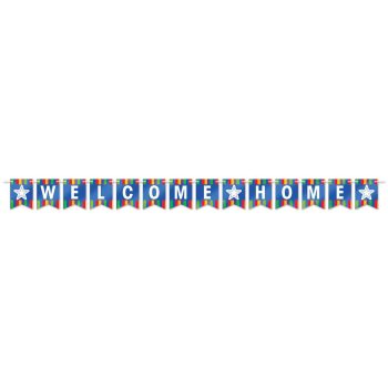 Blue and white 'Welcome Home' banner with stars.