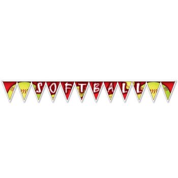 Softball banner with red and yellow triangular flags.