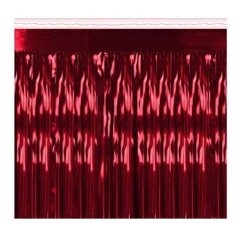 Red metallic foil fringe curtain for party decoration.