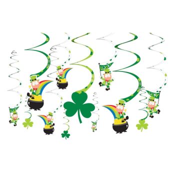 St. Patrick's Day decorations with leprechauns, shamrocks, and green spirals.