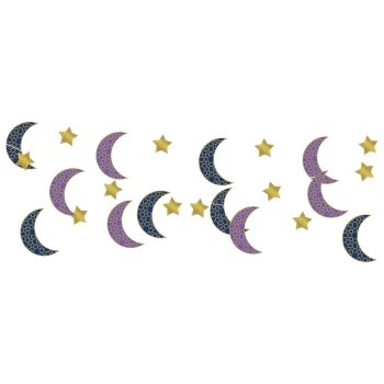 Pattern of crescent moons and stars in purple and gold on white.