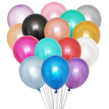 A colorful bunch of helium balloons tied together.