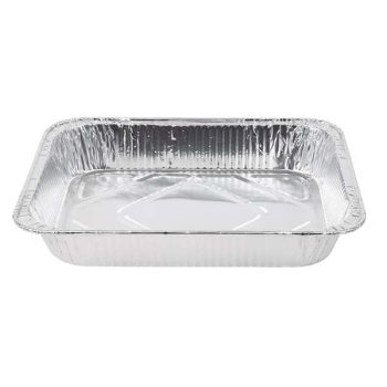 Disposable rectangular aluminum foil baking pan.