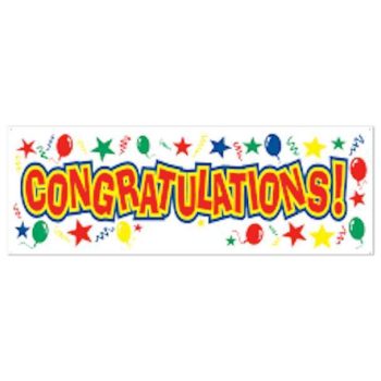 Colorful 'CONGRATULATIONS!' banner with stars and confetti.