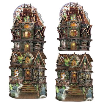 Intricately detailed Halloween haunted house decoration with spooky elements and warm lighting.