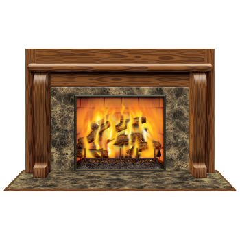 Classic wooden and stone fireplace with burning fire.