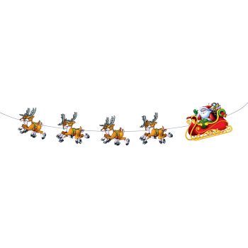 Santa Claus riding a sleigh led by four reindeer.