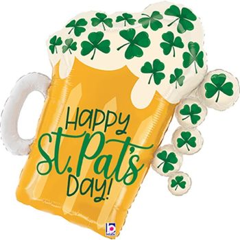 A festive beer mug with shamrocks and Happy St. Pat's Day text.