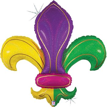 A colorful fleur-de-lis symbol in purple, yellow, and green.