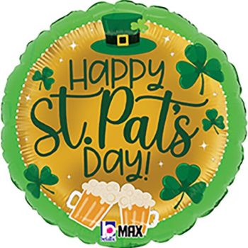 Green St. Patrick's Day balloon with shamrocks and a leprechaun hat.