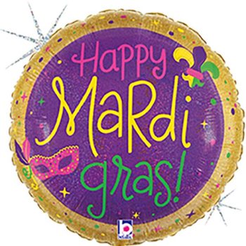 Colorful Happy Mardi Gras balloon with festive text and symbols.