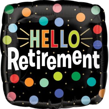 Colorful balloon with 'Hello Retirement' text and polka dots.