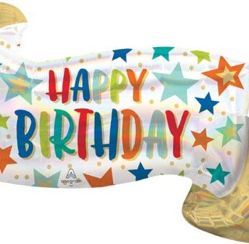 Colorful "Happy Birthday" balloon with stars and confetti.