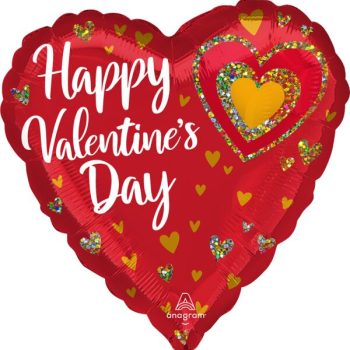 Red heart-shaped balloon with Happy Valentine's Day message and decorative hearts.