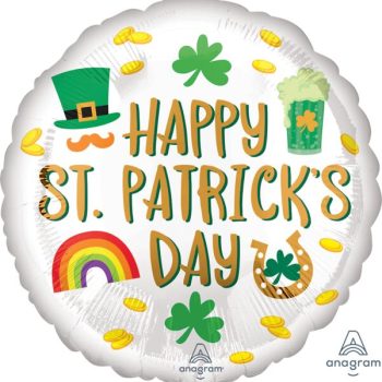 A colorful Happy St. Patrick's Day balloon with festive symbols.