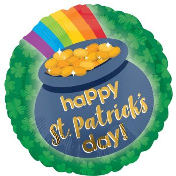 Colorful St. Patrick's Day balloon with a pot of gold and rainbow.