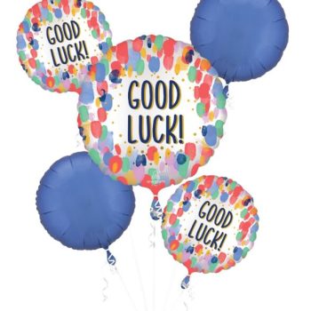 Colorful good luck balloons with multi-colored confetti design.
