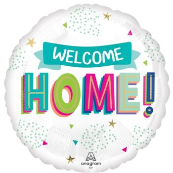 Colorful "Welcome Home!" balloon with festive confetti design.