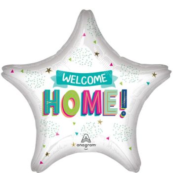 Star-shaped balloon with 'Welcome Home!' message.