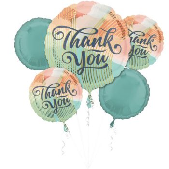 Colorful thank you balloons with pastel shades and elegant script.