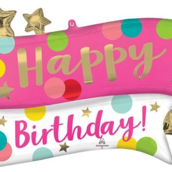 Colorful Happy Birthday balloons with stars and polka dots.