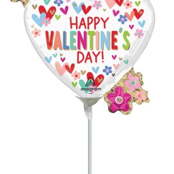 Heart-shaped balloon with 'Happy Valentine's Day!' and colorful hearts.