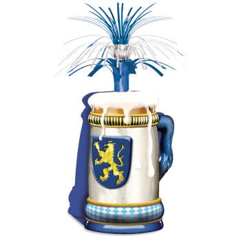 Decorative ceramic beer stein with a lion emblem and blue accents.