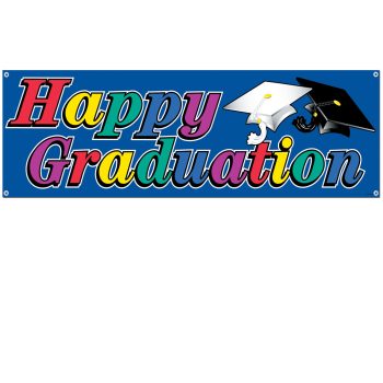 Colorful 'Happy Graduation' banner with a graduation cap graphic.