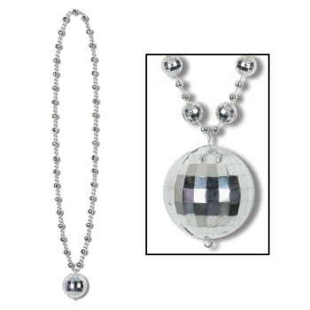 Silver ball chain necklace with a mirrored disco ball pendant.
