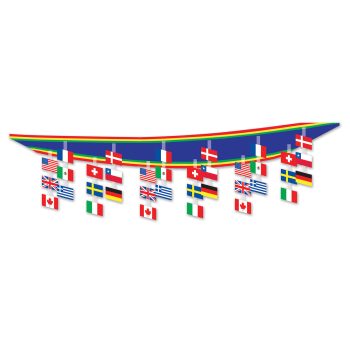 A blue canoe adorned with multiple international flags hanging below it.
