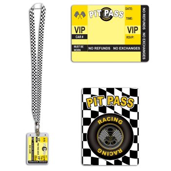VIP pass lanyard and two different badge designs for racing event access.