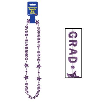 Graduation cap and beaded necklace with 'Grad' charms.