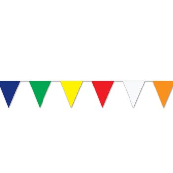 Colorful triangular pennant banner with blue, green, yellow, red, white, and orange flags.