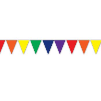Colorful triangular flags strung in a row for decoration.