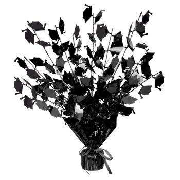 A bouquet of black graduation caps on sticks wrapped in black paper.
