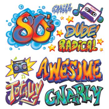 Colorful 80s graffiti with bold words and retro elements.